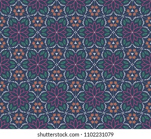 Summer vibes geometric floral pattern vector background with pink and orange floral with green leaf and white hand drawn line. Good for textile or fabric print, wrapping paper, invitation card.