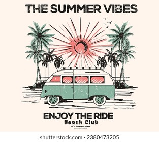 The summer vibes graphic print design. Beach vibes with board print design. Hand sketch beach vector design. Beach wave. palm tree artwork.	Beach bus trip artwork.