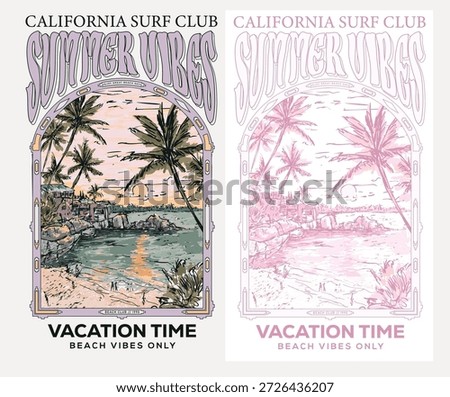 Summer vibes graphic print design. Summer good days artwork. Tropical beach club. Welcome to hidden paradise.