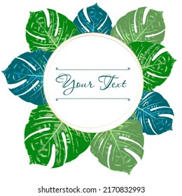 Summer Vibes. Summer green tropical flyer design with tropical flowers and monstera leaves. Frame design. Copy space