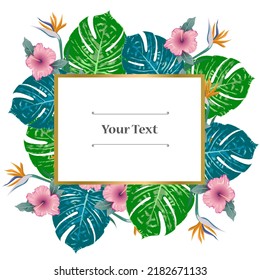 Summer Vibes. Summer green tropical flyer design with tropical flowers and monstera leaves. Frame design. Copy space