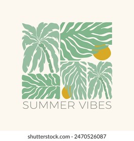 Summer vibes groovy retro poster with palms and leaves. Vintage hippie tropical plants banner with inspirational quote.