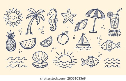 Summer vibes hand drawn doodle set, collection of beach and vacation elements like sun, palm tree, sea horse, starfish, seashell, umbrella, cocktail, pineapple, watermelon, peach, sailboat, fish and waves