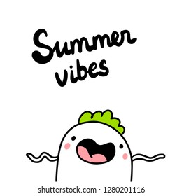 Summer vibes hand drawn illustration with cute dancing marshmallow