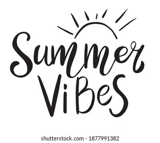 Summer vibes hand drawn text, seasonal greeting card template. Calligraphic lettering can be used for invitations, posters, banners.