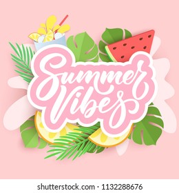 Summer Vibes hand lettering on paper cut background with palm leaves, watermelon and citrus, tropical 3d design. Vector illustration. Holiday typography design.