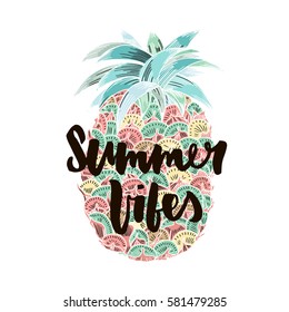 Summer vibes hand written lettering for poster, card, photo overlay. Brush texture. Isolated on white background. Vector illustration.