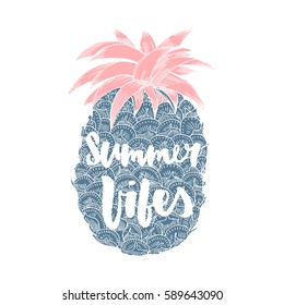 Summer vibes. Hand written lettering quote for poster, card, photo overlay. Brush texture. Isolated on white background. Vector illustration.