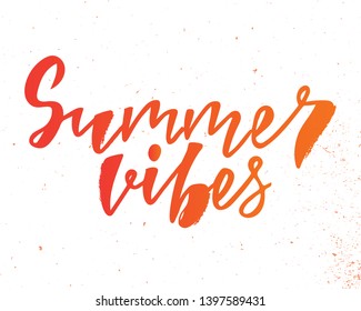 Summer vibes - handlettering text. Design print for postcard, label, logo, sign, emblem, sticker, poster, badge, clother. Vector illustration on background