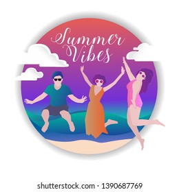 Summer vibes happy people vector in colorful background