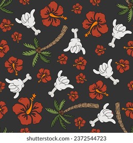 Summer vibes hawaii horror halloween seamless pattern in retro cartoon style. Spooky tropical hand drawn vector background. Creepy beach shaka gesture texture