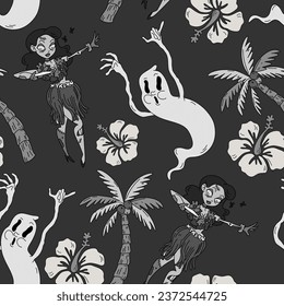 Summer vibes hawaii horror halloween seamless pattern in retro cartoon style. Spooky tropical hand drawn vector background. Creepy beach texture