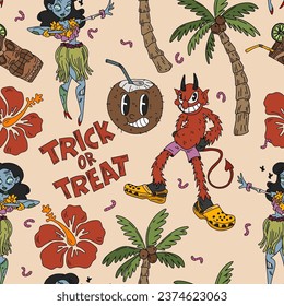 Summer vibes hawaii horror halloween seamless pattern in retro cartoon style. Spooky tropical hand drawn vector background. Creepy beach texture