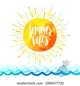 Summer vibes - Summer holidays greeting card. Handwritten calligraphy on a watercolor sun with multicolored sunburst above the ocean waves Vector illustration.