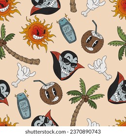 Summer vibes horror Halloween seamless pattern in retro cartoon style with vampire, coconut, palms, sun and other. Spooky tropical hand drawn vector background.