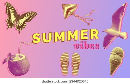 summer vibes with ice cream butterfly coconut cocktail seagull flip flops kite on bright colors gradient with vintage distressed halftone dot background template retro pop art style poster