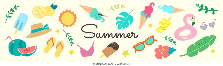 Summer vibes with ice cream, sun, and tropical leaves. Enjoy summer with ice cream, sunglasses, and tropical fun. Celebrate summer with tropical icons. Cute illustrations, isolated vector set.