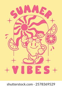 Summer vibes illustration. Lemon groovy vintage cartoon character print for T- shirt.	