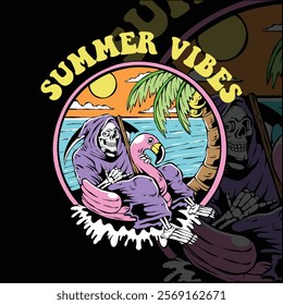 summer vibes illustration vector. skeleton on a beach