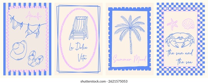 Summer vibes Italy. Hand draw vintage posters. Amalfi. Vacation vector illustrations in ink line doodle sketch style postage stamps with image. Symbols of relaxation, holiday mood, and ocean vibes.