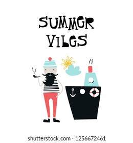 Summer vibes - kids poster with cute captain smoking a pipe near the ship. Cut out of paper vector illustration.