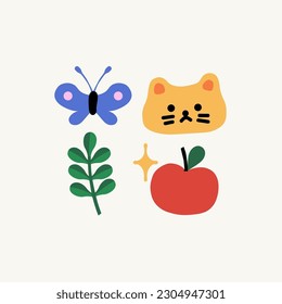 Summer vibes labels collection, butterfly, cat, leaves and apple
