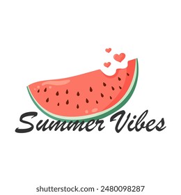 Summer Vibes lettering with watermelon slice. Vibrant green rind and red flesh with black seeds. Flat vector illustration for postcard, greeting card, invitation, seasonal print, poster, t-shirt