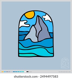 Logo de Summer Vibes. Ilustración de paisaje marino en marco redondeado. Rock en el mar en medio de las olas. Icono como vitral.