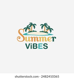 Summer Vibes Logo Vorlage. Vektorillustration mit Schriftzügen und Palmen