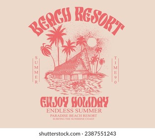 Summer vibes long beach hand draw. Endless summer artwork. Miami, california, hawaii, aloha surf typography for t shirt. Beach paradise resort. Enjoy holiday at dream paradise resort t-shirt design.