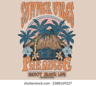 Las vibraciones veraniegas son un gran empate en la playa. Ilustración de verano interminable. Miami, california, hawaii, tipografía de surf aloha para camisetas. Complejo de playa paradisíaca. Disfrute de unas vacaciones en el paraíso de ensueño diseño de camisetas del complejo.