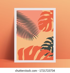 Summer vibes minimalistic poster placard design template with exotic tropical palm leaves and geometric shapes in trendy pastel color palette. Vector illustration