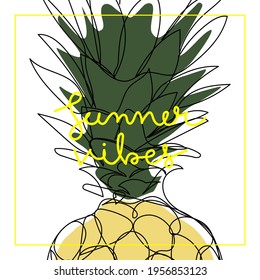 Summer Vibes. Modern minimalist art. Single line drawing of pineapple and frame with text message.