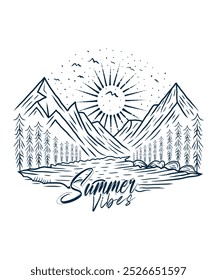 Ilustración de diseño de camiseta al aire libre de lago de montaña de vibraciones de verano para amantes de los viajes