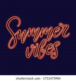 Summer vibes Neon sign with lettering on dark background vector illustration. Logo design template. Light banner, glowing neon signboard for advertising.