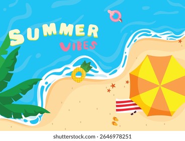 Summer vibes on a sunny beach with ocean, palm trees and float


A bright and cheerful summer beach scene featuring a sunny ocean view, palm trees swaying in the breeze, and a colorful float 