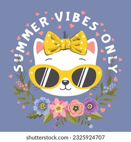 Summer Vibes Only slogan text with cat girl face, sunglasses, flowers on dark background for t-shirt graphics, fashion prints, posters and other uses