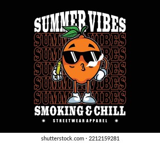 Summer vibes orange cartoon illustration t shirt design, vector graphic, typographic poster or tshirts street wear and Urban style