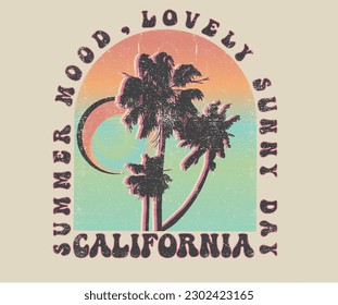 Summer vibes. Palm tree with sunshine colorful retro print artwork. Lovely california beach graphic print design for t shirt print, poster, sticker, background and other uses. 