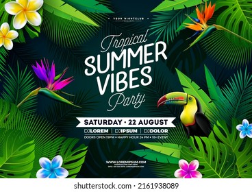 Summer Vibes Party Flyer Design with Flower, Tropical Palm Leaves and Toucan Bird on Green Background. Vector Summer Beach Celebration Design Template with Nature Floral Elements, Tropical Plants and