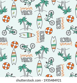 Summer vibes pattern with bicycle, surfboard, life buoy, palm island