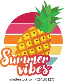 Summer vibes pineapple with retro sun background