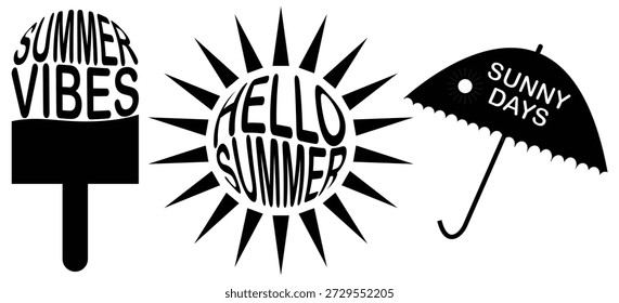 Ilustración de la tipografía del sol del verano del hola de la paleta del verano para el diseño de la etiqueta engomada de la camiseta,
Hola verano Sunburst tipografía con vibraciones de verano Popsicle y días soleados arte de paraguas,
