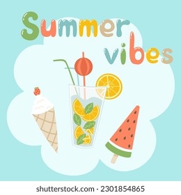 Sommerfrische mit Eis, Limonade und Wassermelonen-Obsteis. Entspannen und sonnen. Strandzeit und Urlaub. Cute helle Sommer-Vektorgrafik im Cartoon-Stil für Produktdesign