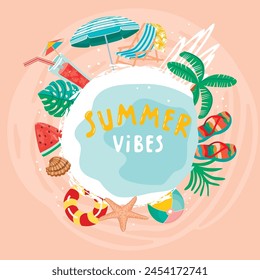 Afiche de vibraciones de verano con atributos para relajarse en la playa. Fondo de Vector colorido con palmeras, sandía, chanclas, cóctel, bola de playa, sombrilla, manta, concha, estrella de mar.