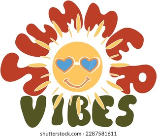 Summer vibes poster in groovy style 70s. .Psychedelic groovy lettering for t-shirt, banner, web and print. Retro poster. Stock vector illustration. Retro 70s. . Vector illustration