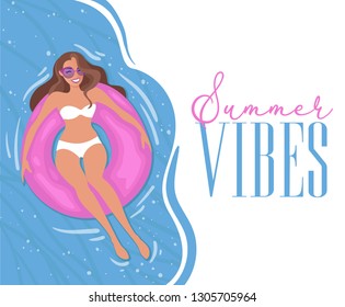 Summer vibes poster. Happy girl chilling on inflatable water donut in cool blue swimming pool. Flat art Vector illustration.