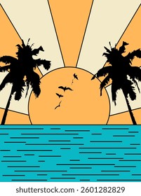 Summer vibes poster. Silhouette palm trees and birds on the sea. Sunset sky background. Retro vector illustration