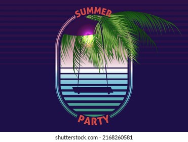 Summer Vibes poster template. Flyer design with summer landscape.Tropical sunset. Palm swing.