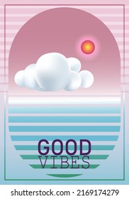 Summer Vibes poster template. Flyer design with 3D clouds on pink background. Postcard Summer vibe.